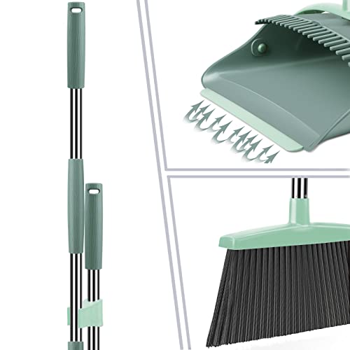 Upright Broom and Dustpan Set with Long Adjustable Handle - Gray & Green
