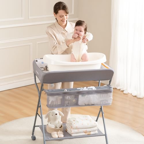 Portable Baby Changing Table with Wheels - Adjustable Height Diaper Station