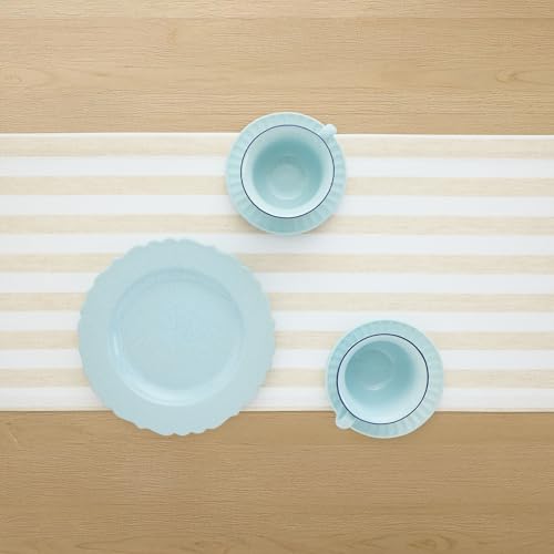 Solino Home Natural & White 14x108 in Striped Linen Table Runner - Sorrento Stripe