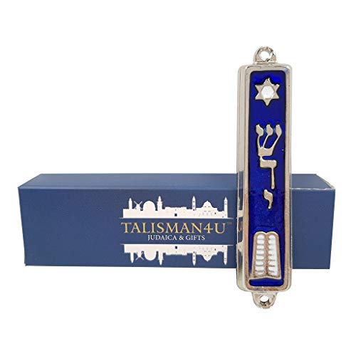 3.5 Inch Ten Commandments Mezuzah Case with Scroll - Blue Enamel Silver