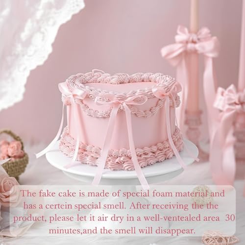 6-Inch Heart Shaped Pink Fake Cake Prop with Bow for Party Decor