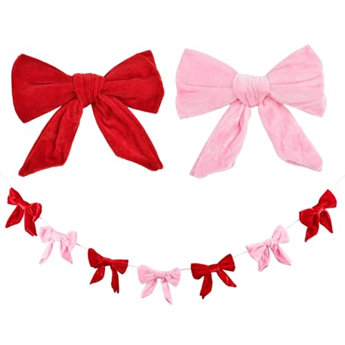 8.2FT Velvet Bow Garland Banner for Party Decorations, Red & Pink