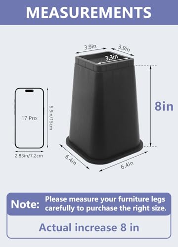 Heavy Duty 8-Inch Bed Risers - 4 Pack Durable Furniture Lifts (Black)