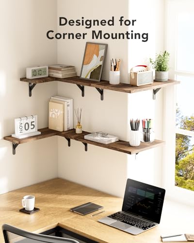 Set of 4 Corner Floating Shelves, Solid Paulownia Wood L-Shaped Wall Shelves