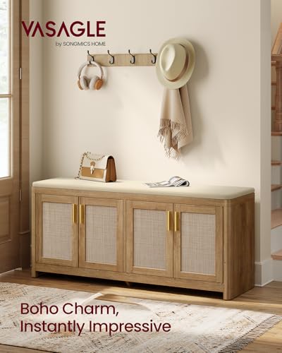 Boho Shoe Storage Bench with Cushion and 4 Rattan-Look Cabinet Doors