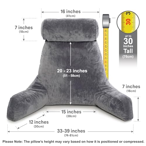 XXL Backrest Pillow for Adults - 30" Firm Support Bed Rest Pillow with Neck Roll - Dark Grey