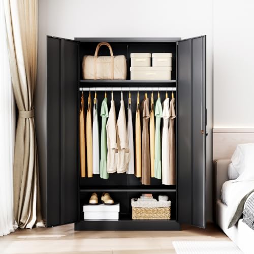 72-inch Metal Wardrobe Storage Cabinet with Adjustable Shelves and Lock