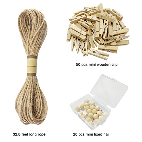 Wall Photo Hanging Display with 50 Wooden Clips and 32.8ft Twine