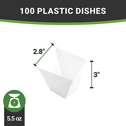 Restaurantware 5.5 Ounce Appetizer Dishes 100 Disposable Square Cups - Large Sturdy White Plastic Dessert Bowls Unique Design For Appetizers Desserts Fruits At Buffets Or Parties