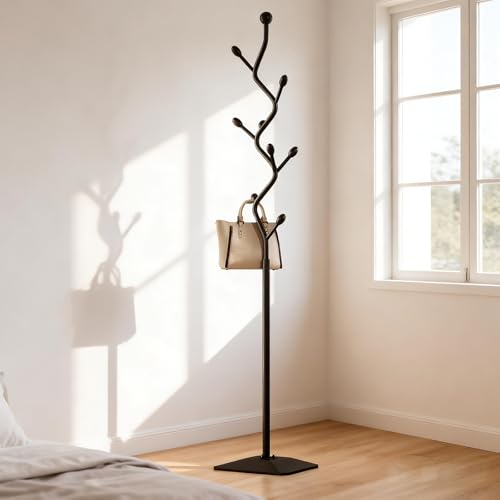 Tree-Shaped Metal Coat Rack with 8 Hooks and Weighted Cast Iron Base