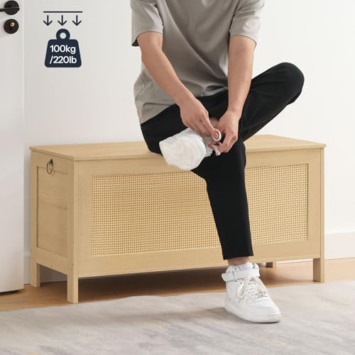 39.4-Inch Storage Bench with Faux Rattan Front and Safety Hinge