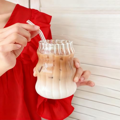 2 Pcs Ribbed Glass Cups 18 oz - Aesthetic Wavy Iced Coffee & Matcha Glasses