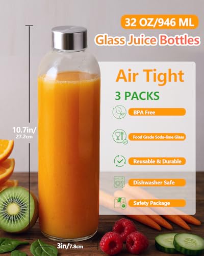 Zukro 32oz Glass Water Bottles with Stainless Steel Lids – Set of 3, Leak-Proof, Reusable Drink Bottles