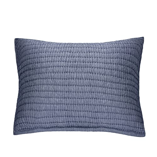 Cotton Chambray Standard Pillow Sham - Blue Channel Stitched Cover