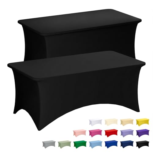 2 Pack 6ft Rectangular Spandex Fitted Tablecloth, Black Stretch Table Cover