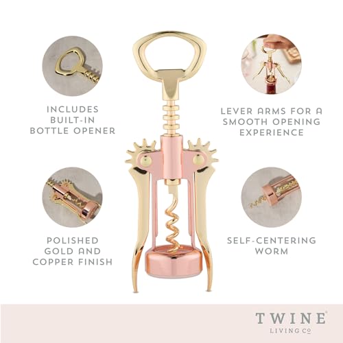 Winged Corkscrew Wine Opener - Copper & Gold Stainless Steel Bottle Openers for Wine, Beer & Soft Drinks, Ergonomic Handle, Set of 1