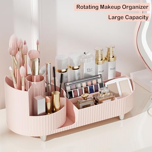 Pink Rotating Vanity Organizer with Brush Holder - Large Spinning Makeup & Skincare Storage, COMFYROOM