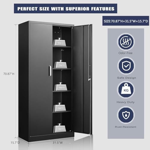 71-Inch Metal Storage Cabinet with Adjustable Shelves, Black Steel