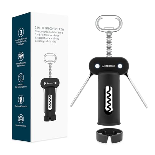 KITCHENDAO Black 3-in-1 Wing Corkscrew & Bottle Opener - Easy Wine & Beer Opening