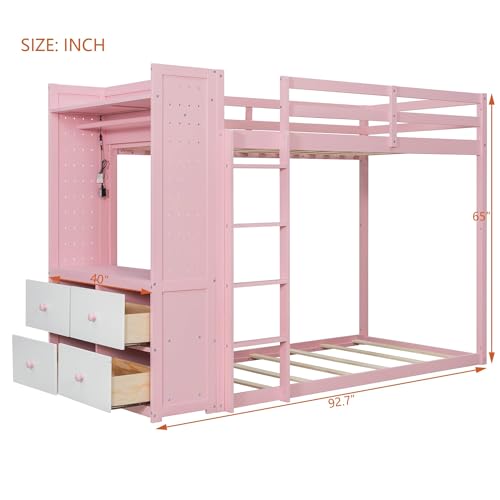 Twin Over Twin Wooden Bunk Bed with Storage Drawers and LED Lights