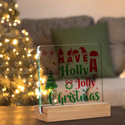 AKFVNSFK Holly Acrylic Desk Sign 4x4 in with Wooden Base – Red & Green Christmas Decor