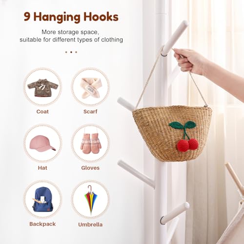 Adjustable Kids Coat Rack Stand - 9-Hook Beech Wood Freestanding Tree