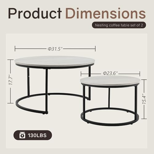 2-Piece Round Nesting Coffee Table Set, Wood Grain Accent Tables