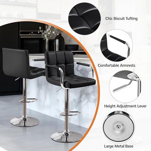 Adjustable Swivel Bar Stools with Backs and Armrests, Set of 2, Black