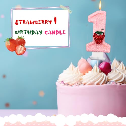 Pink Strawberry Number 1 Birthday Candle - 1st Birthday Cake Topper
