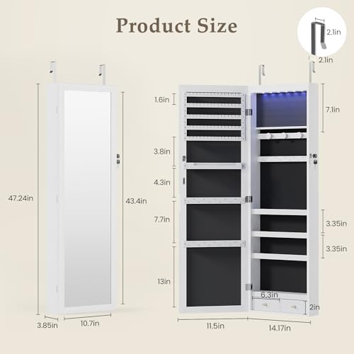 Lockable Jewelry Cabinet with Full-Length Mirror and LED Lighting