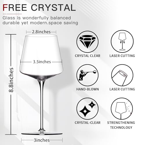 Physkoa Set of 6 Red Wine Glasses - 18oz Hand Blown Crystal Tall Stem Modern Square Bowls