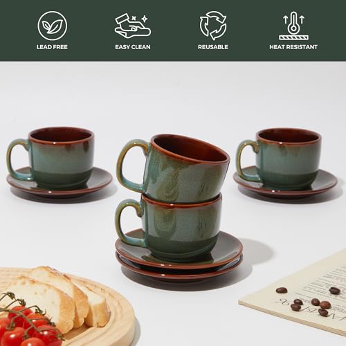 Pokini Sage Green Stoneware Coffee Cups & Saucers Set of 4, Espresso Mug Set