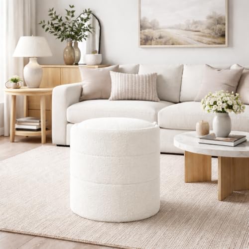 18-Inch Round Storage Ottoman – Cream Boucle Footstool with Lift-Off Lid