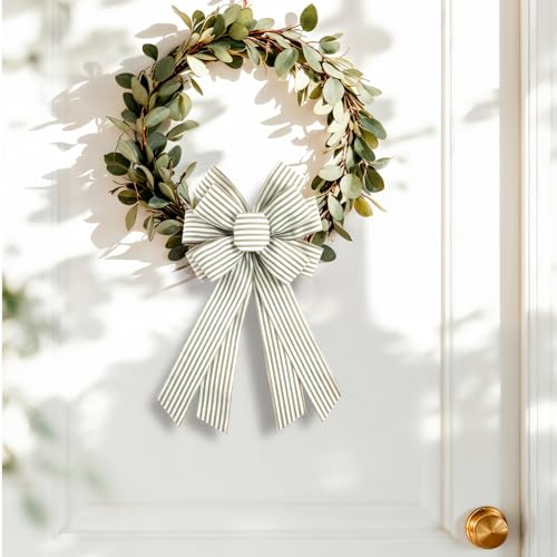 Natural Burlap Wreath Bow - 20x11 Inch Light Khaki Striped Ribbon Decor