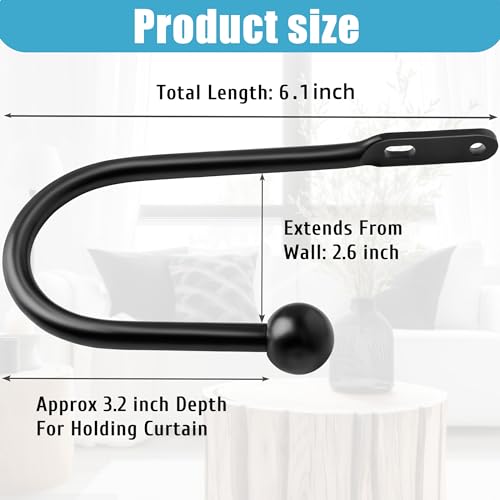 Wall Mount Curtain Tiebacks, 6-Inch Metal Drapery Holdbacks, Black - 2 Pack