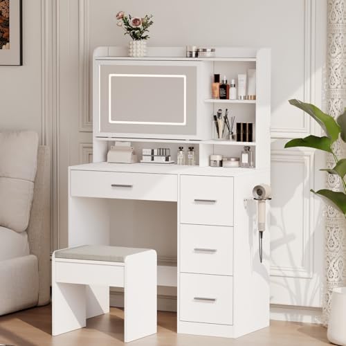 Vanity Desk with Sliding Lighted LED Mirror, Chair, and Power Outlets
