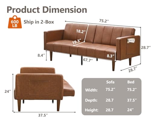 Convertible Futon Sofa Bed, 75-Inch Mid-Century PU Leather Sleeper Couch