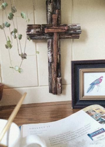 Rustic Layered Wood-Look Resin Wall Cross with Faux Iron Nail Accents