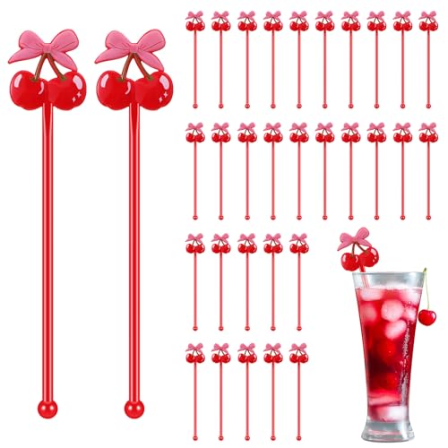 Reallnaive 30 Pcs Cherry Bow Drink Stirrers - 6 Inch Cocktail Picks for Parties