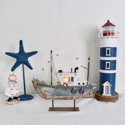 Rustic Wood Sailboat Decor with LED Lights, Nautical Tabletop Ornament