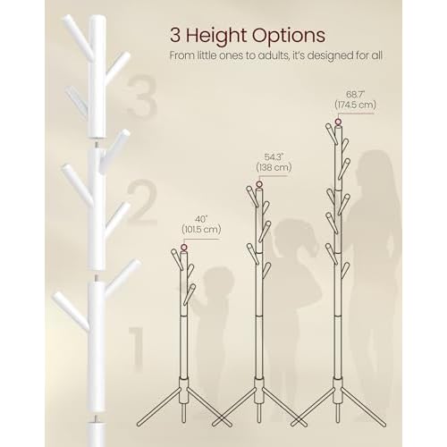 VASAGLE Solid Wood Coat Rack, Free Standing Tree-Shaped Coat Rack with 8 Hooks, 3 Height Options, for Clothes, Hats, Bags, Living Room, Bedroom, Home Office, White URCR04WT
