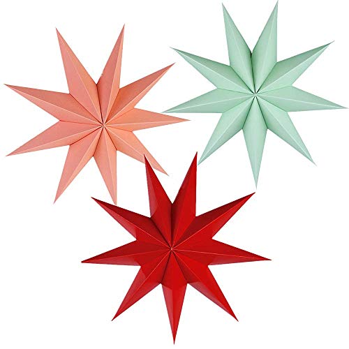 Kiddale 3 Pcs 12in Paper Star Ornaments Set – Red, Green & Pink Hanging Stars