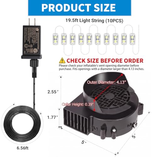 OHMANHE Replacement 2.5A Air Blower Kit for Inflatables with 10-LED Light, 3.0A Transformer | Black XL