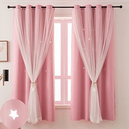 Pink Blackout Curtains with Star Cutouts, 63-Inch Double Layer Nursery Drapes