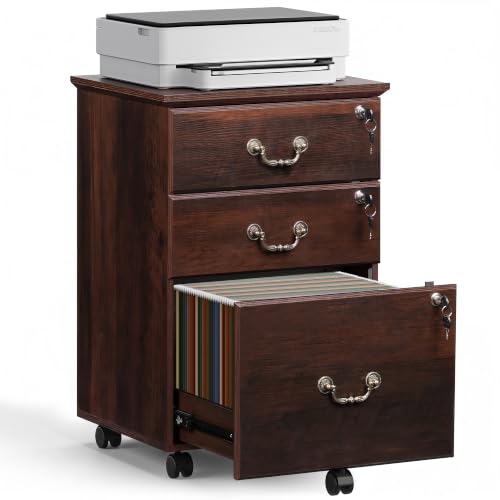 3-Drawer Mobile Wood File Cabinet with Locks, Rolling Under-Desk Organizer