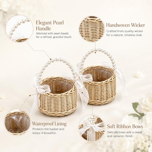 Wicker Flower Girl Basket Set of 2 with Pearl Handle & Bow for Weddings