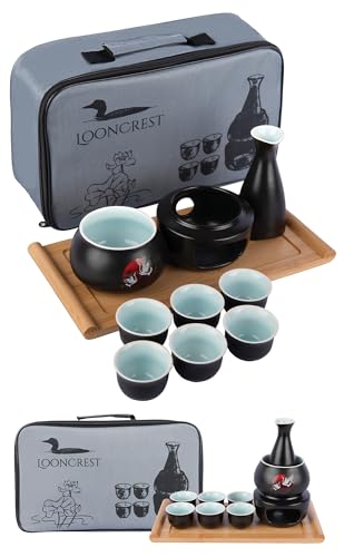 LOONCREST Black Japanese Ceramic Sake Set with Cups Bottle Warmer & Carrying Case