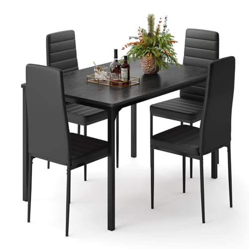 Gizoon 5-Piece Dining Table Set for 4 with Black PU Chairs – Modern Kitchen Furniture