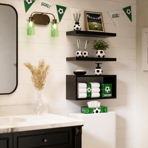3-Piece Floating Wall Shelf Set, Black Moisture-Resistant Bathroom Storage