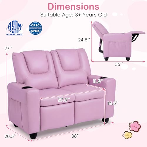 2-Seater Kids Recliner Sofa with Cup Holders and Storage Pockets